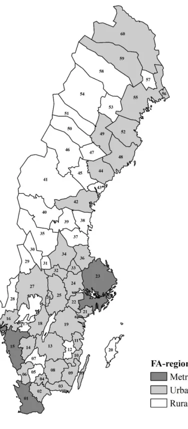 Figure A.1 – Map over FA-regions. Adapted from the Swedish agencies for Growth Policy Analysis and  for Economic and Regional Growth (Tillväxtanalys and Tillväxtverket)
