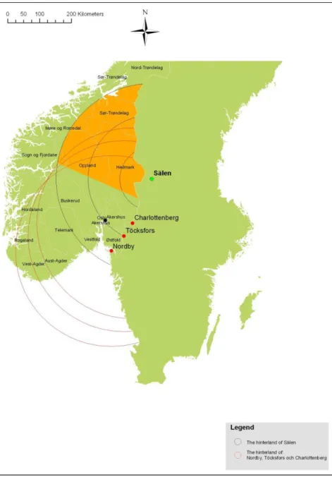 Figure  6:  Map  of  the  potential  hinterland  of  Sälen.  Orange  segment  indicates  an  area  without  competition  from Nordby, Töcksfors and Charlottenberg