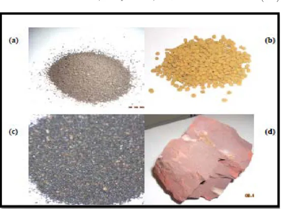 Figure 2-8: Different types of adsorptive media.  a)  Aquamandix  b)  IOCS  c)  Manganese greensand  d)  A stone of iron ore which can be crushed and  pulverized (Buamah, 2009)