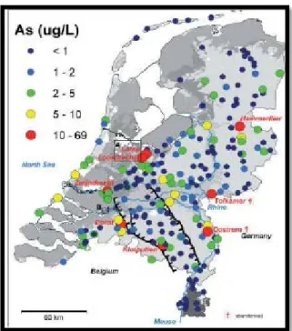 Figure 2-15: Mean total As concentration in the raw water from 241  water supply wells  for public drinking water supply in the  Netherlands, in 2008 (Stuyfzand et al., 2008)