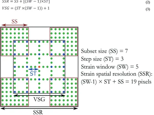 Figure 9. Schematic illustration of a typical subset size, step size, strain window, and strain  spatial resolution
