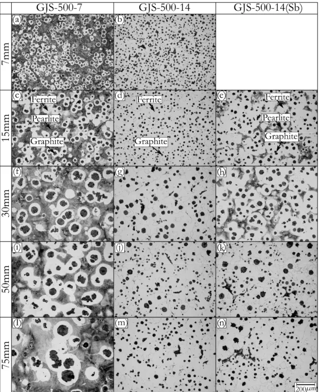 Figure 3. Representative micrographs of the 7, 15, 30, 50 and 75 mm plates of the 3 cast batches; 