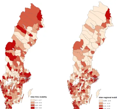 Figure  1  Inter-firm and inter-regional mobility in Swedish municipalities between  2014 and 2016 