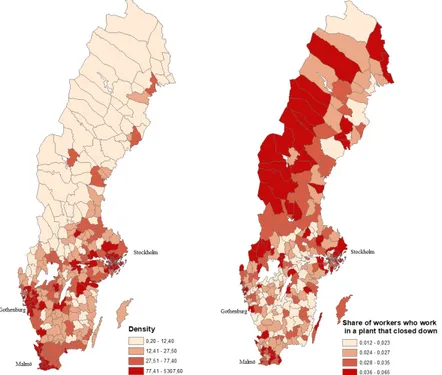 Figure 2 Population density (map to the left) and share of workers who were employed  in a plant that closed down between 2015-2016 (map to the right)  