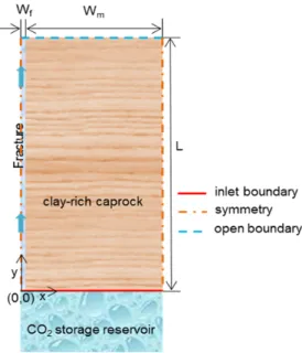 Fig. 3. Schematic of clay-rich caprock with a conducting  pathway (fracture) overlying the CO 2  storage reservoir (not  to scale)