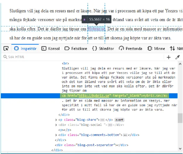 Fig 5: Inspecting the source code of a Weebly blog post reveals that backlinks lack &#34;nofollow&#34; (see  marking in yellow.) 