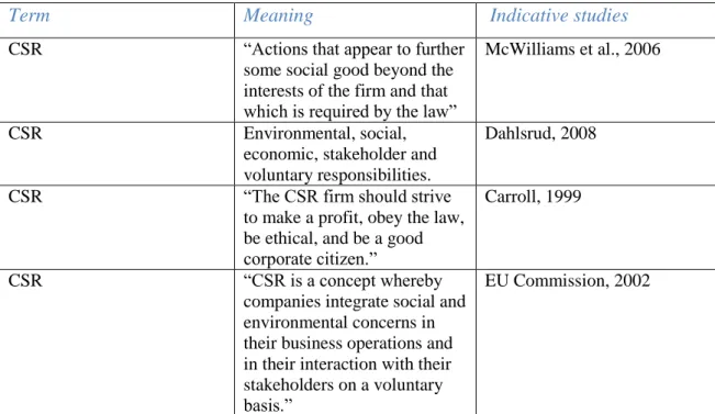 Table 1: Definitions of CSR 