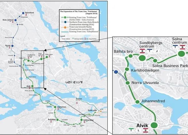 Figure 2 The existing, and the new and planned extension ‘Tvärbanan’ tram line service  (Stockholm County Council, SLL, 2017)