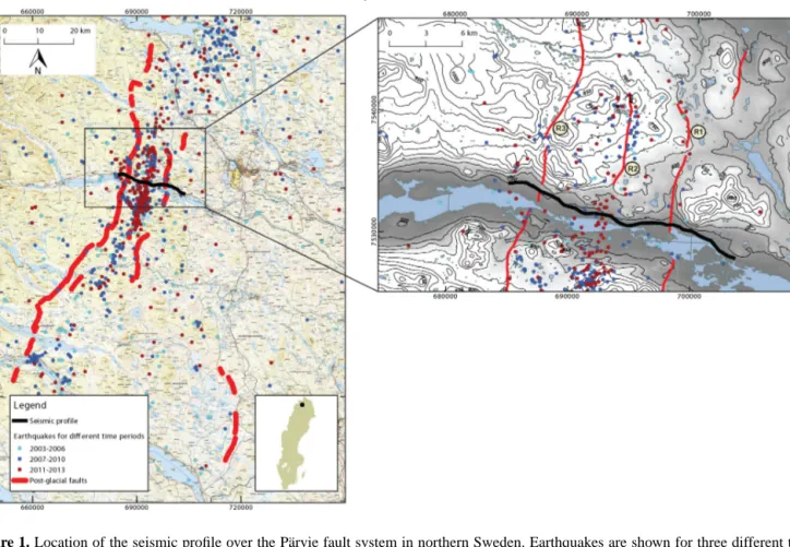 Figure 1. Location of the seismic profile over the Pärvie fault system in northern Sweden