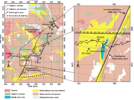 Figure 4.1: Geological map of the study area (zoomed in the right figure). Crooked-black line is the location of the seismic profile 2, the focus of this study; dashed lines show the inferred location of the deformation zone