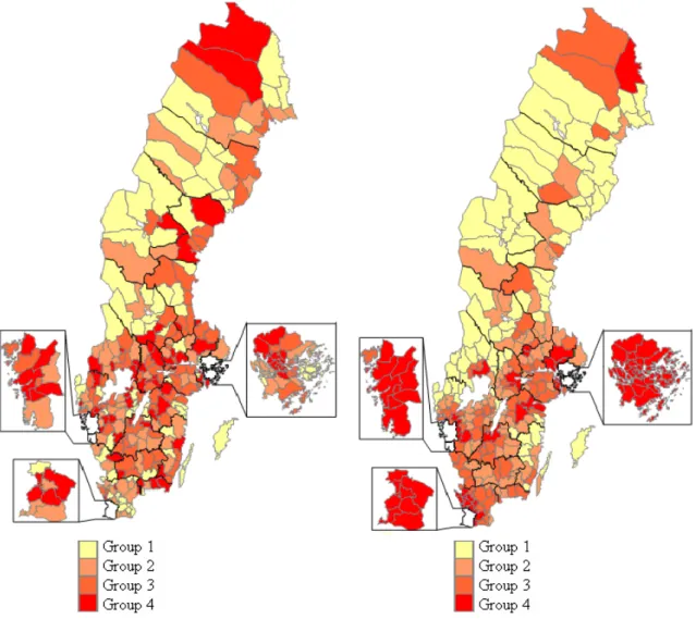 Figure 3.4 displays the national variation in terms of average wages. One can see that it  is especially areas in the three large city regions Stockholm, Gothenburg and Malmo which  are marked as top-ranking