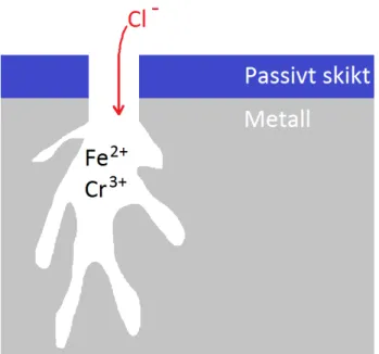 Figur 2.1: Elektrokemisk mekanism bakom grop- grop-frätning. Hål i det passiva skiktet leder till att Cl − kan lösa upp den underliggande metallen.