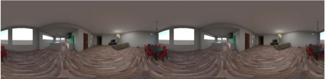 Figur 3.2.1. VR testmiljö, en renderad sfärisk 360 gradig panoramabild av en lägenhet