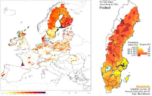 Figure 1. Distribution of podzols in European Union and Sweden (FAO, 1988). 