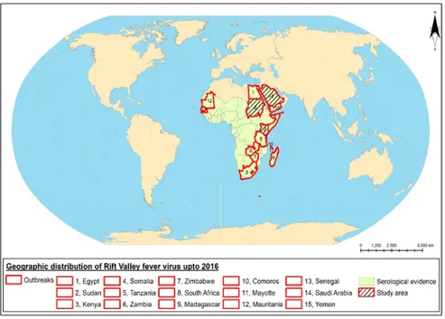 Figure 2. Geographic distribution of Rift Valley fever up to 2016. 