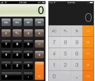 Figure 1: The calculator app, example of transition from skeuomorphism in iOS6 (left)  to flat design in iOS7 (right) 