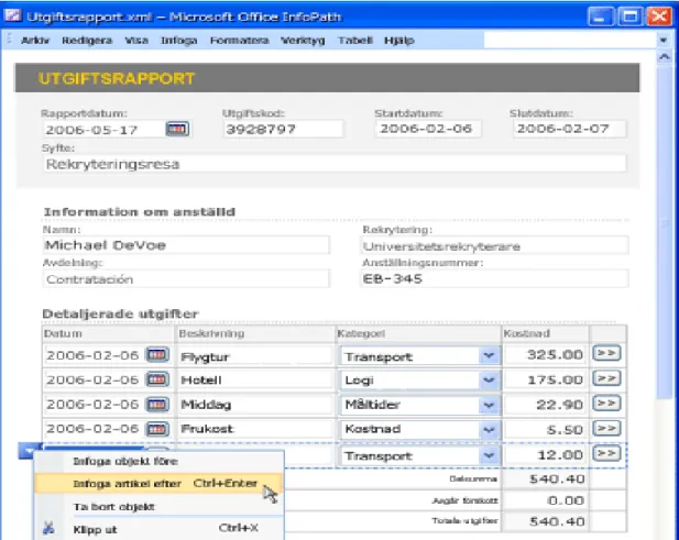 Figur 8: Bild på hur en utgiftsrapport kan se ut i InfoPath 