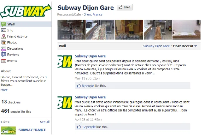 Figure 4-4 shows an example of a fan page of Subway in France on Facebook.  