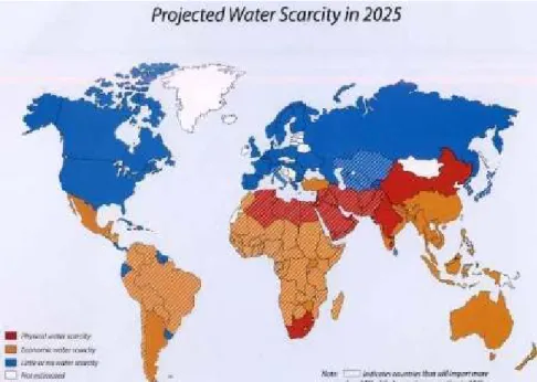 Figur 1. Områden med potentiell vattenbrist år 2025. Rött = brist på vatten för hållbart bruk.