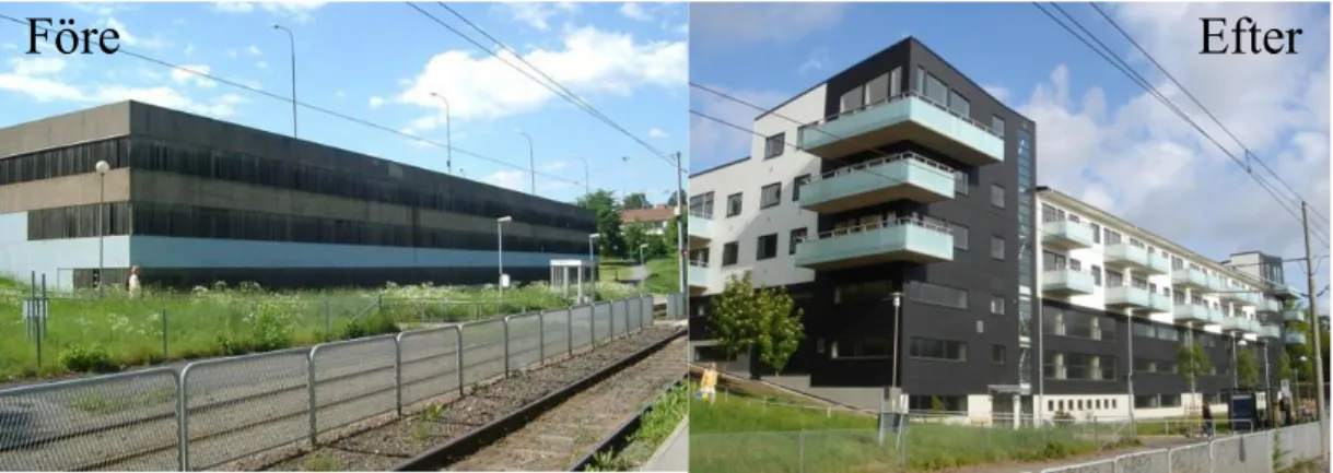 Figur 4.  Kaverösporten före och efter våningspåbyggnad (Bostads Poseidon  AB, 2010). 