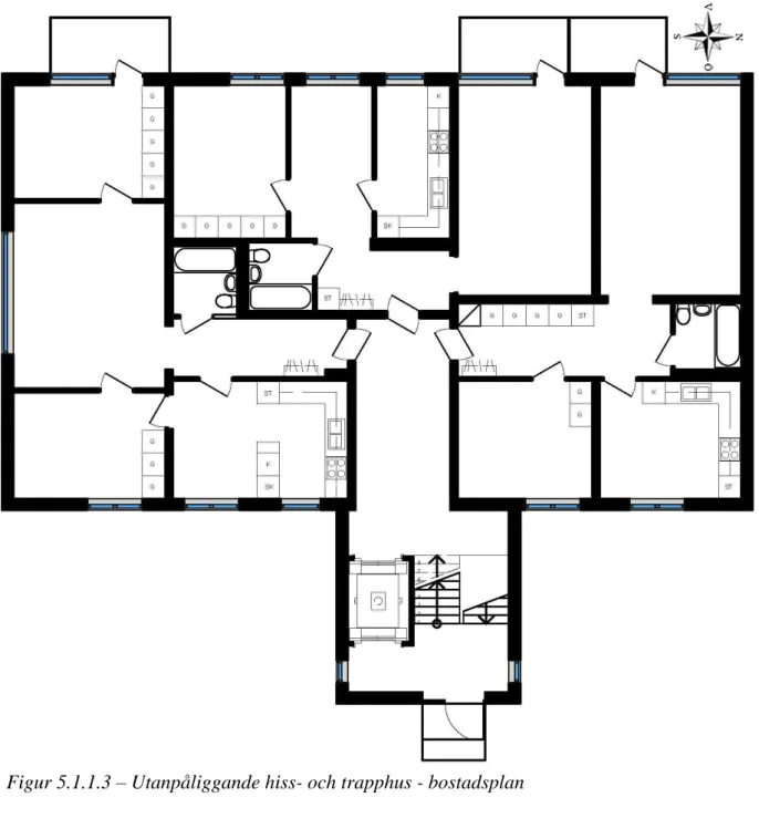 Figur 5.1.1.3 – Utanpåliggande hiss- och trapphus - bostadsplan 