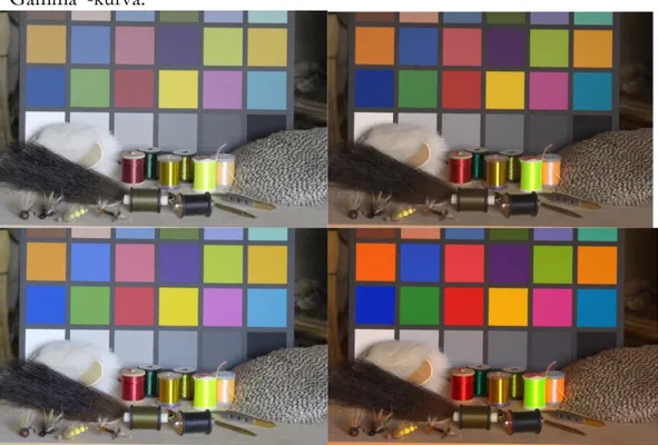 Figur 10. Bilderna till vänster är JPEG-bilder och bilderna till höger är RAW-bilder. De  översta bilderna har använt en “Linear” respons, de nedre en “Gamma” respons