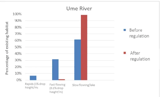 Figure 1. Percentages of existing habitat types before and after regulation in Ume River