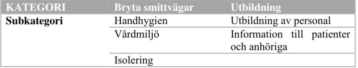 Tabell 2 – Kategorier och subkategorier i resultatet 