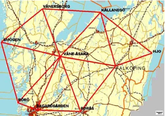 Figur 7: Karta över testområdet i Västsverige. Kartbild ur AutoKa-Vy. Källa: egen 