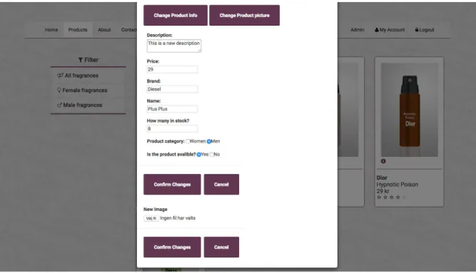 Figur 5-6, Produktmodal med produktsidan som bakgrund för administratörer 