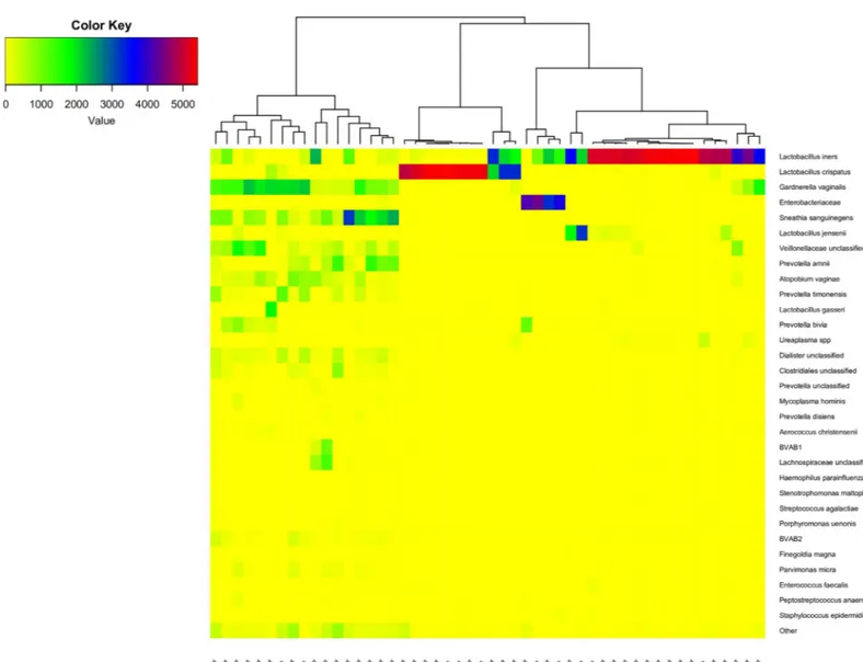 Fig 2. Heatmap of 31 dominant OTUs and the rest combined as “other” of sample 0 from the patients and sample 1 from the controls