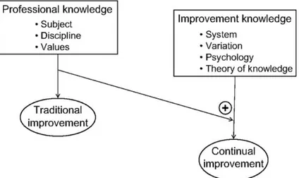 Figur  1.  Professionell  kunskap  och  förbättringskunskap  är  de  två  kunskapsdomäner  som  behöver  kopplas samman för att möjliggöra ständig förbättring av hälso- och sjukvårdssystemet (från Batalden  och Stoltz, 1993, s
