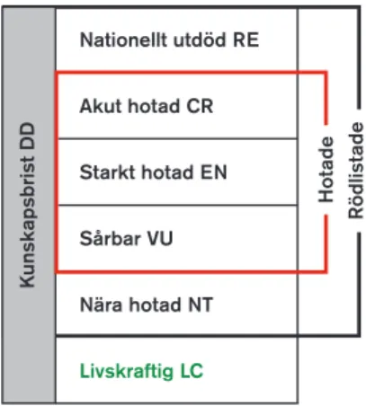 Figur 1. Den svenska rödlistans kategorier med   internationella förkortningar. 