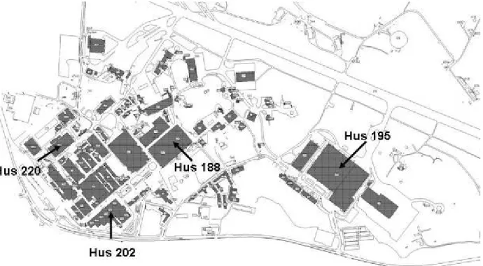 Figur 9. Karta över Saab-området och de hus där produktion för Boeing utförs. 