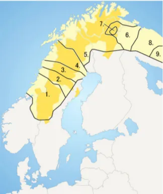 Figure 1. Current and corrected map over geographic distribution of Sámi languages: 1