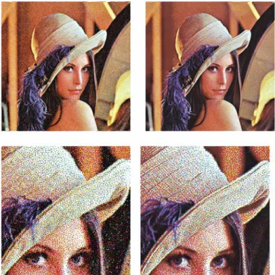 Figure 2.9.(left) FM halftoned image using Iterative Method Controlling the Dot Placement (IMCDP)  (Right) FM Halftoned image using dependent color halftoning