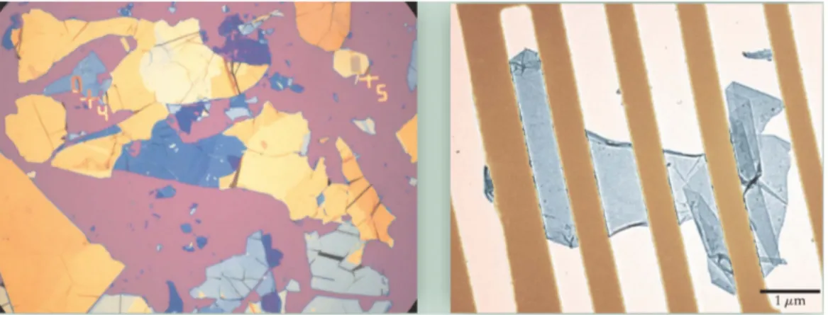 Figure 1.2: Spotting graphene. (a) Different colors in this 300-micro-wide optical micrograph reveal the presence of graphite flakes with differing  thick-ness rubbed from bulk graphite onto the surface of an oxidized silicon wafer.