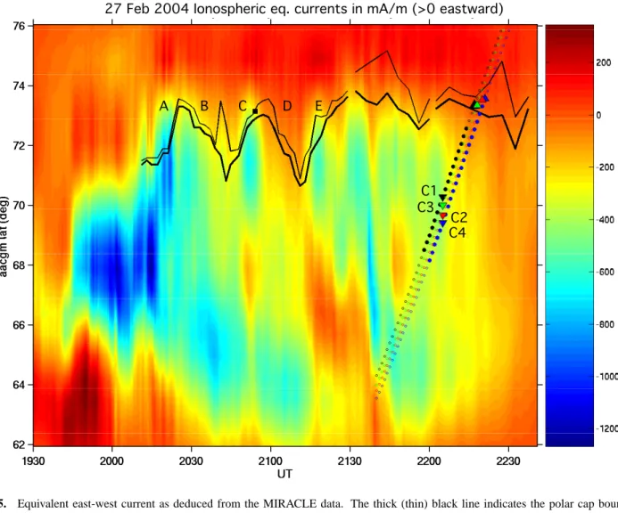 Fig. 5. Equivalent east-west current as deduced from the MIRACLE data. The thick (thin) black line indicates the polar cap boundary from the EISCAT VHF radar by using Method 1 (Method 2)