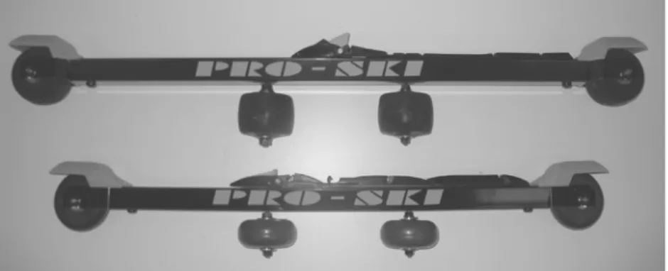 Fig. 1 Representative classical and freestyle roller skis and wheels used in the studies  (PRO-SKI C2 and S2)