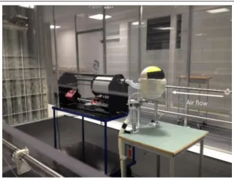 Figure 2. Experimental setup of measurements of resistance to breathing: the mechanical lung simulator, a head made from ABS plastic with mounted foam sheet on the face and one type of heat and moisture exchanger tested in the study.