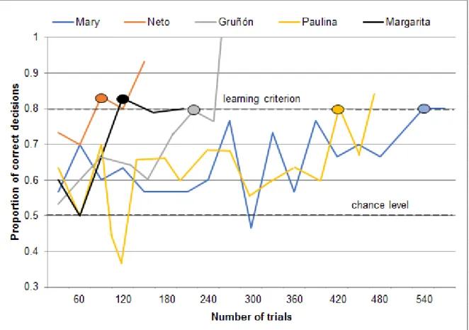 Figure 5 Performance during the second positive transfer where the anise-like anethole (C+) was  replaced by the clove-like eugenol (E+) while keeping the already learnt non-rewarded odor, the  citrus-like  (+)-limonene  (D-)  constant