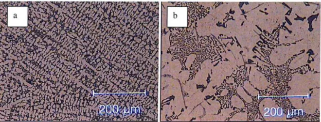 Figur 11: Struktur på dendriter vid olika stelningshastigheter. a) SDAS = 10 µm  b) SDAS = 50 µm [13]