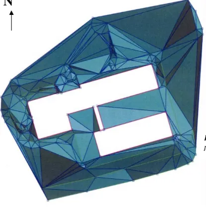 Figur 7: Terrängmodell runt skolbyggnaderna i form av  plana trianglar, sedd rakt ovan ifrån