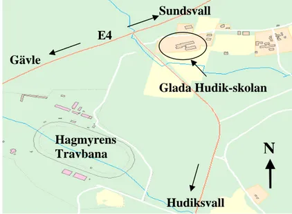 Figur 1: Illustrationskarta över området vid Glada  Hudik-skolan, karta från Hudiksvalls kommun