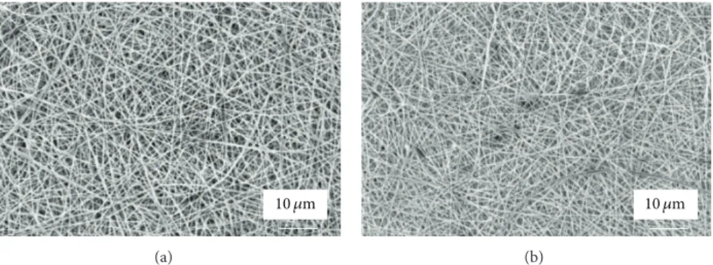 Figure 4: PLGA (16%)/chitosan (4%)/PVA (8%) electrospun mats: (a) before and (b) after PVA extraction in ethanol 50%-water 50% for 8 hours.