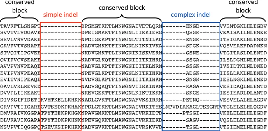 Figure 2. Examples of simple and complex indels, shown in the red and blue blocks,  respectively