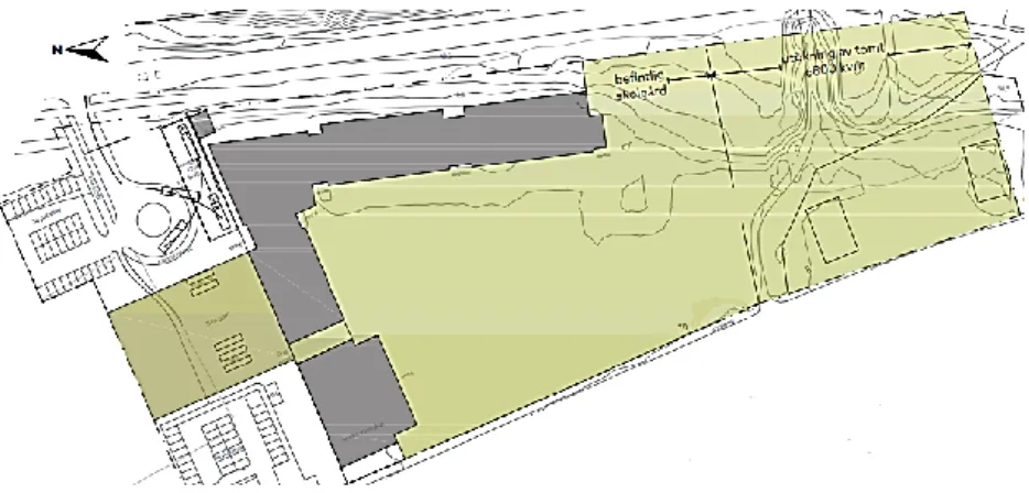 Figur 2. Preliminär planering av tomten där skolbyggnaden ska byggas (bilaga 1).  