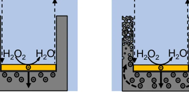 Figure 4.3. Schematic illustration of the hole injection rate a) in balance with the silicon dissolution rate resulting in hole consumption at the noble metal/silicon interface, and b) higher than the hole consumption rate at the noble  metal/sili-con inte