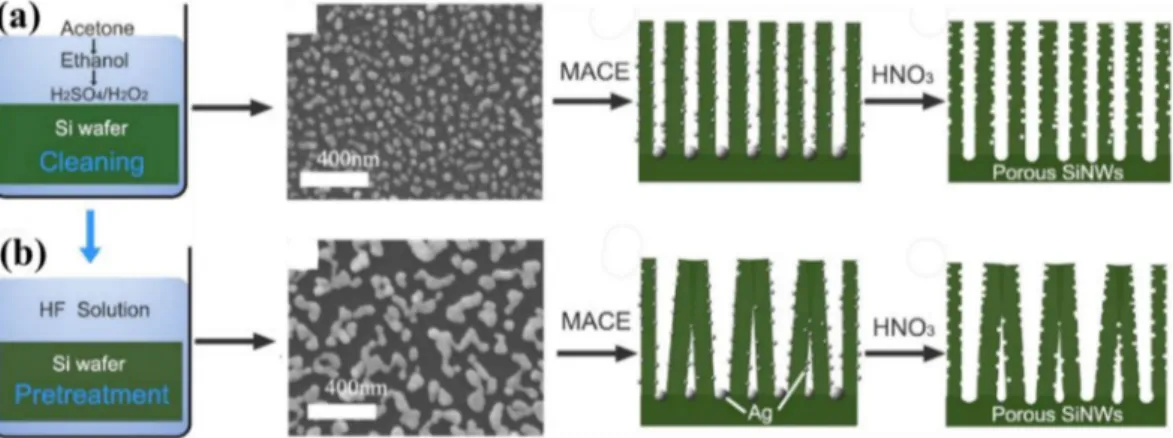 Figure 8. Schematic illustration of the etching models for the formation of (a) separating and (b) bundling SiNWs using MACE process