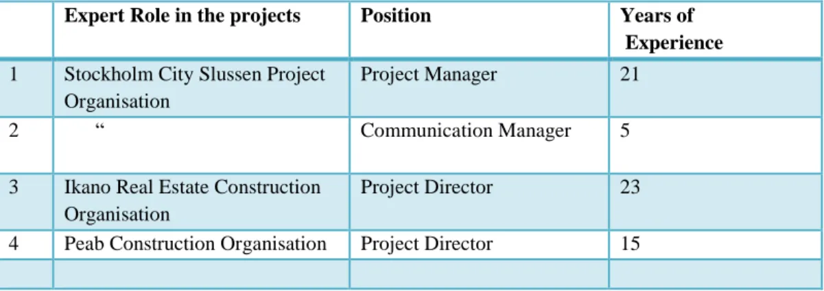 Table 1:   The Profiles of the Experts interviewed 